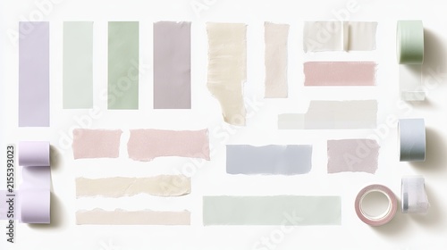 Collection of Torn Paper Strips and Washi Tape Rolls.