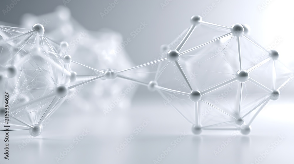 Naklejka premium Futuristic white molecular bridge connecting two abstract geometric structures, interconnected atomic nodes