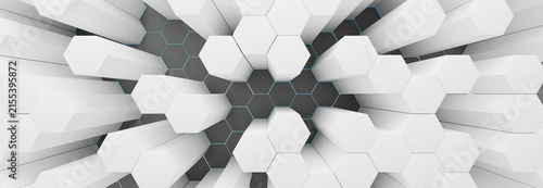 3D white hexagonal pillars extruding from a dark honeycomb grid, ideal for gaming backgrounds, futuristic tech concepts, and modern visual effects.