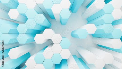 Vibrant light blue and white 3D hexagon blocks structure, ideal for cloud computing, data analytics, fresh tech branding, and modern wallpapers.
