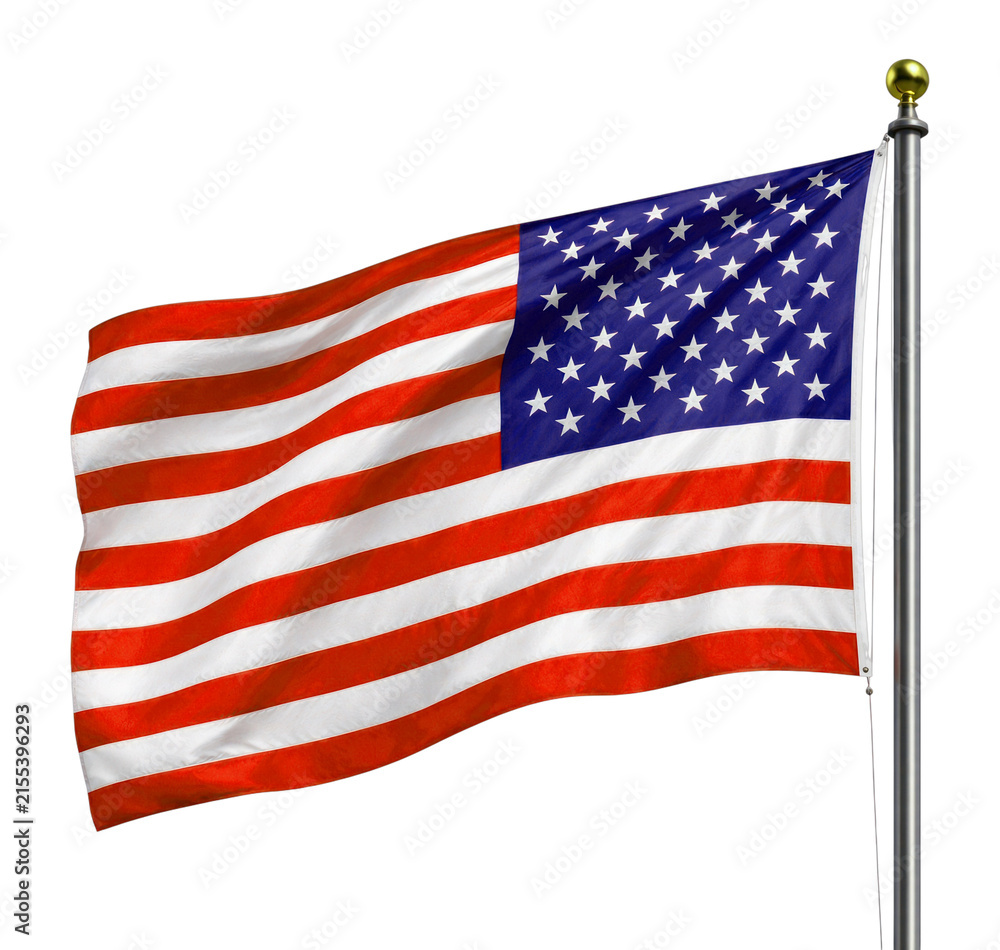 Fototapeta premium American flag with stars and stripes waving proudly on a flagpole against a clean white background, symbolizing national pride.