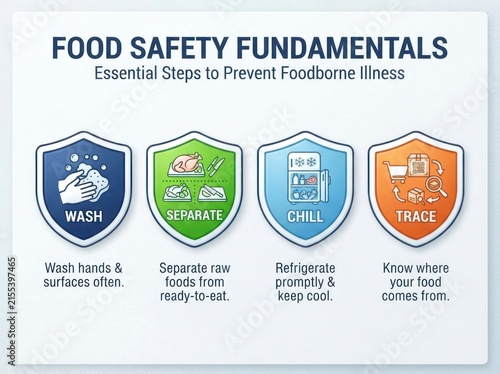 Food Safety Fundamentals poster illustration with four essential steps to prevent foodborne illness