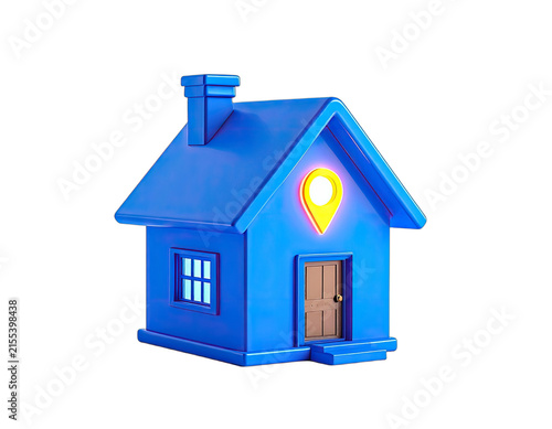A 3D cartoon-style blue house with a glowing location pin on its roof.