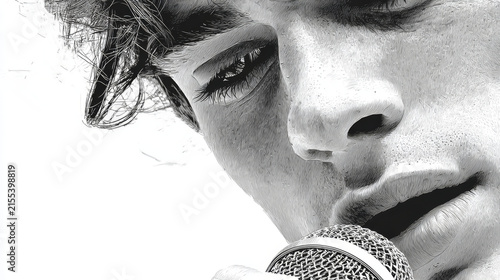 This is high-contrast black and white close-up image, focusing on a part of the face of a person singing into microphone. The details of the hair are clear, and the picture is full of the atmosphere