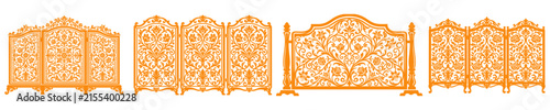 Ornate floral fireplace screens in orange vector motifs.