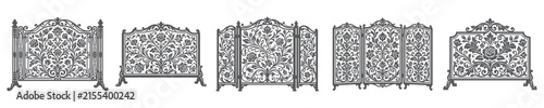 Monochrome wrought iron floral fireplace guards sketches.