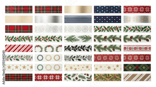 Set of decorative christmas ribbons and holiday borders isolated on transparent background