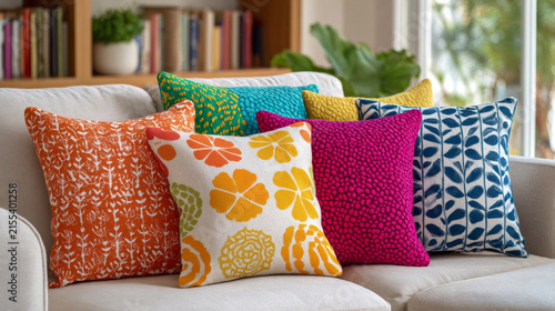 A light fabric sofa is decorated with several throw pillows of different bright patterns and colors, with a background of bookshelves and green plants, creating a cozy home interior atmosphere.

