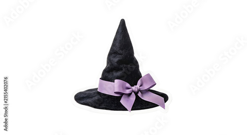 Foto Black witch hat with a purple ribbon bow