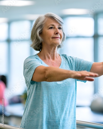 Mature woman balances gently during stroke rehabilitation