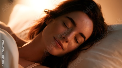 peaceful young woman sleeping in bed with soft ambient lighting