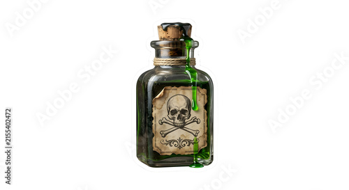 Картината върху платно Glass apothecary poison bottle with a cork stopper, skull label, and glowing gre