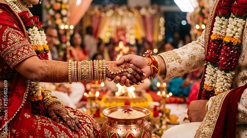 Indian bride and groom holding hands during a traditional hindu wedding ceremony with ritual fire in background