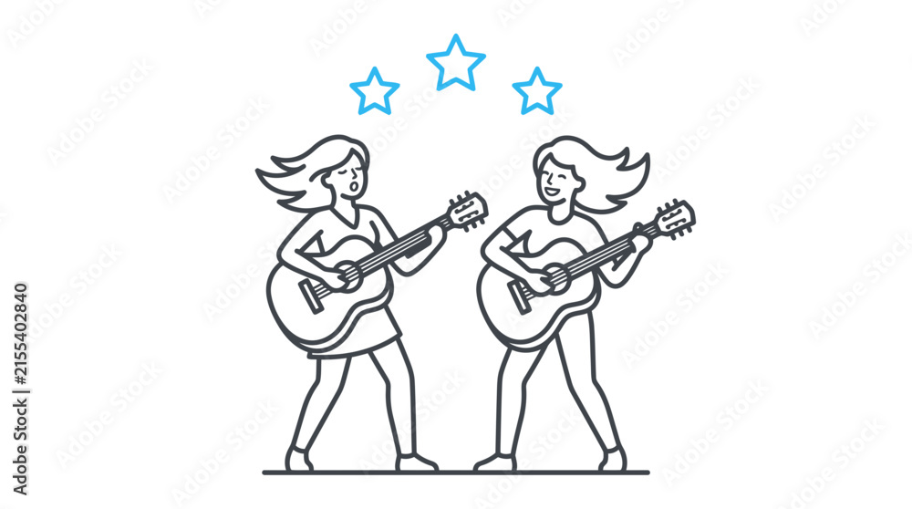 Fototapeta premium Two happy women playing acoustic guitars and singing together under blue stars in minimal line art