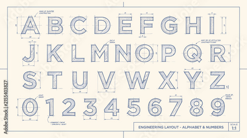 Fotografie An engineering blueprint featuring an alphabet and numerals with dimension lines