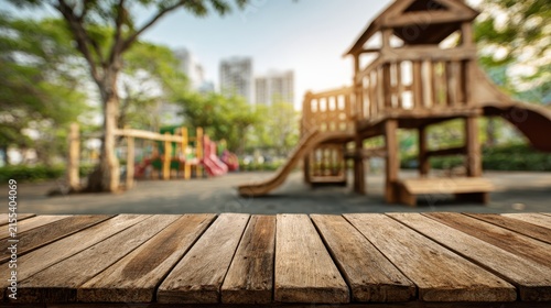 Rustic wooden playground deck, outdoor kids play area with slide and climbing structure, sunny park recreation scene