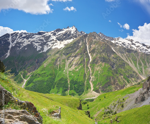 Landscape of a deep green valley and steep grassy hills looking towards high rocky mountains with snowy peaks.