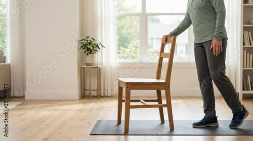 Senior woman home exercise balance rehab wooden chair standing stretching senior woman doing balance exercise home with wooden chair support yoga mat bright living room for gentle rehab