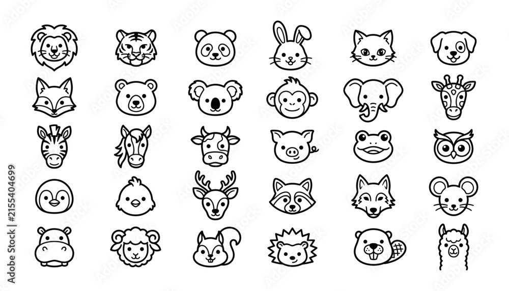 Naklejka premium Cute Animal Icon Collection Representing Forest Wildlife, Farm Animals and Adorable Pet Faces. Editable Outline Icons. Vector Illustration.