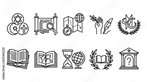 Ten blackandwhite line art icons arranged in two rows of five depicting various academic historical and cultural symbols