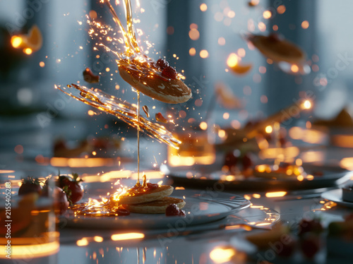 2100 anti-gravity breakfast, levitating pancakes with liquid honey suspended in mid-air, glowing fruits, futuristic dining table, impossible food physics, hyper realistic, cinematic food photography.