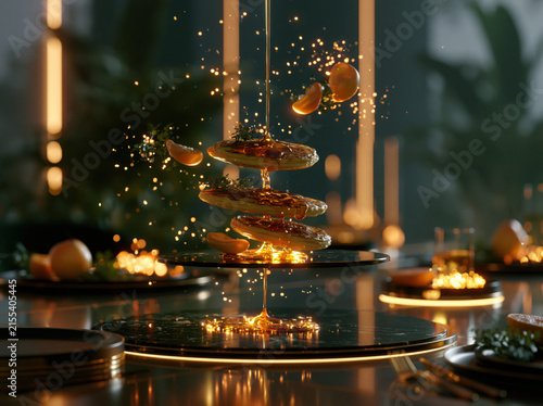 2100 anti-gravity breakfast, levitating pancakes with liquid honey suspended in mid-air, glowing fruits, futuristic dining table, impossible food physics, hyper realistic, cinematic food photography.