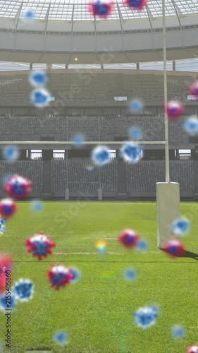 Animation of covid 19 cells over empty rugby pitch sports stadium