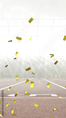 Digital animation of golden confetti falling against sports stadium in background