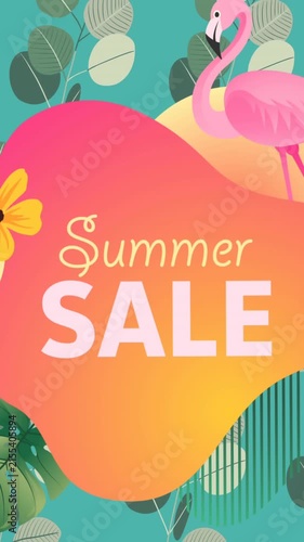 Summer sale over orange banner and flamingo against leaves on green background