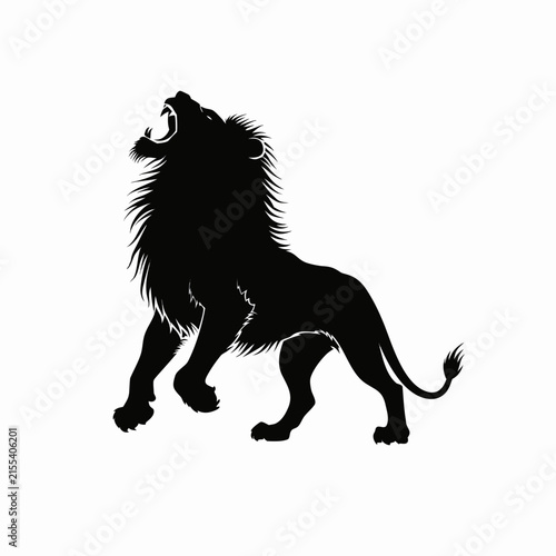 Roaring lion silhouette, black wild cat vector icon, powerful male lion mascot graphic on white background