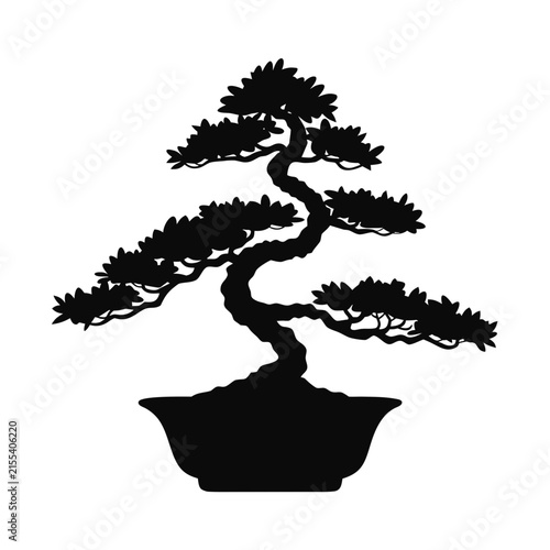 Japanese bonsai tree silhouette, traditional potted dwarf tree vector icon, minimalist black zen plant graphic