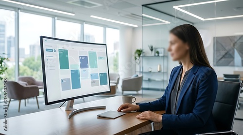 Professional businesswoman working on a large curved computer monitor in a modern bright office.