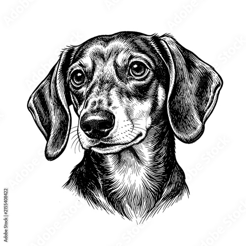 Dachshund head with an Curious expression  Hand-drawn vintage engraving illustration
