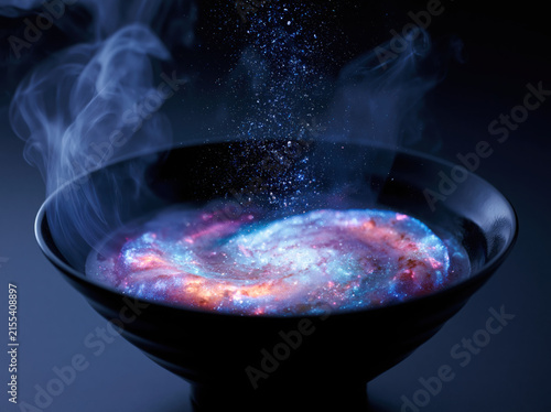 A bowl of ramen containing a miniature rotating galaxy instead of broth, glowing nebula noodles, edible stars, cosmic steam, black ceramic bowl, hyper realistic food photography, National Geographic 