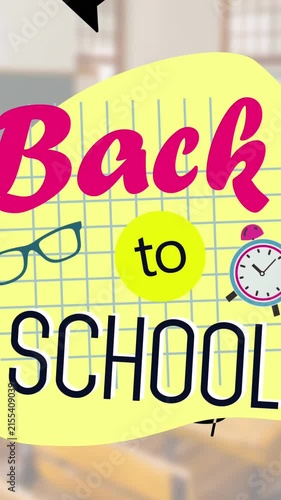 Animation of back to school text and school items icons over empty classroom