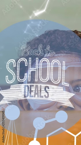 Animation of back to school deals text and molecules over schoolboy and beakers