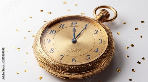 Golden pocket watch showing midnight with confetti for new year 2027 celebration concept