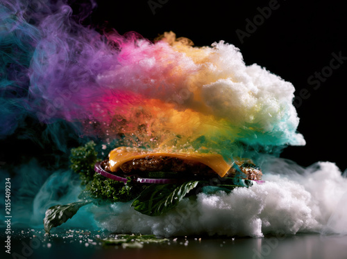 A burger made with fluffy edible clouds as buns, rainbow smoke cheese, floating vegetables, impossible culinary art, cinematic food styling, ultra-realistic 8K.