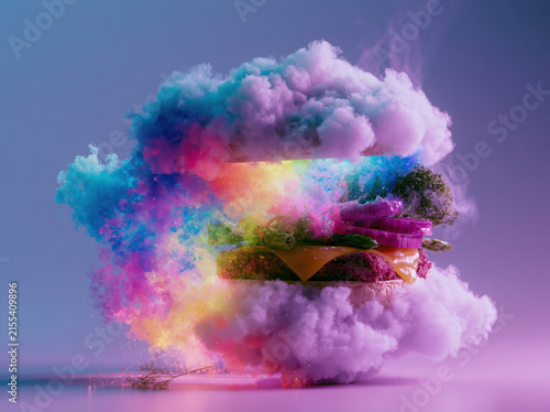 A burger made with fluffy edible clouds as buns, rainbow smoke cheese, floating vegetables, impossible culinary art, cinematic food styling, ultra-realistic 8K.