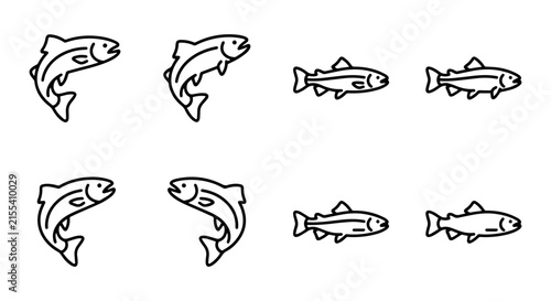 Salmon and Trout Icons, Simple Line Art Fish Vector Set, Aquatic Animal Graphics