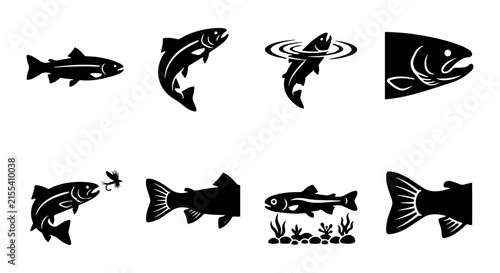 Trout Fishing Icons, Fly Fishing Vector Graphics, Aquatic Wildlife Silhouette Collection