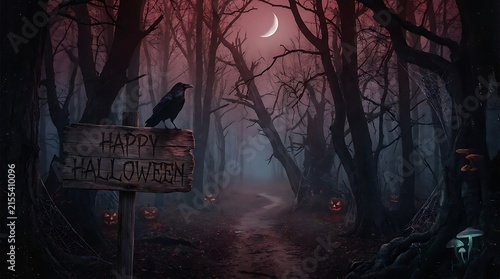 Spooky halloween forest path with raven and glowing pumpkins
