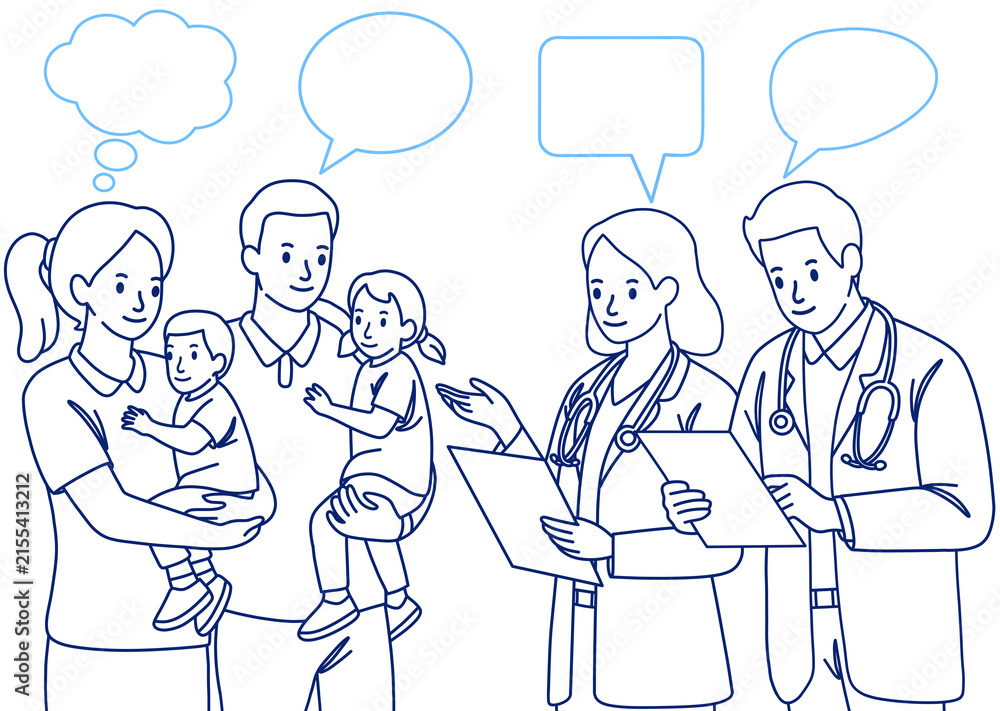 Obraz premium Line sketch illustration of a doctor consulting and discussing a child's health with the family, featuring speech bubbles for communication