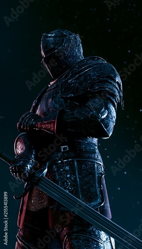 Defiant medieval knight stands resolute against a dramatic starry sky wielding a broadsword powerfully
