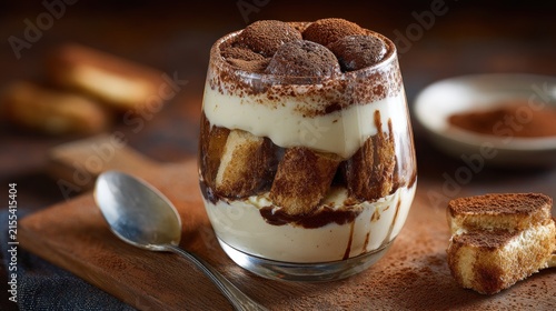 Delicious tiramisu dessert in glass with ladyfingers and cocoa powder