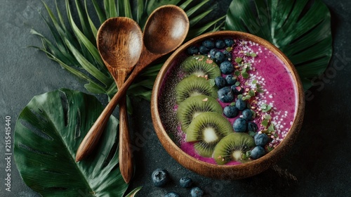 Healthy smoothie bowl with kiwi berries and wooden spoons on palm leaves
