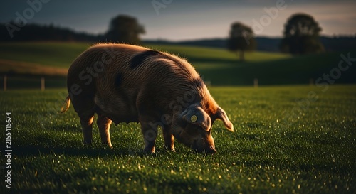 Large pig grazing on green pasture during golden hour
