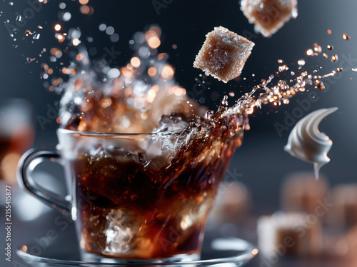 A cup of coffee with frozen splash droplets hanging in the air, floating sugar cubes, suspended cream swirl, impossible physics, hyper realistic studio photography. 