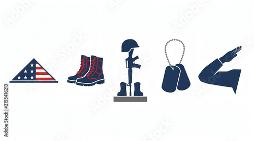 Patriotic military icons displaying folded flag, combat boots, and salute
