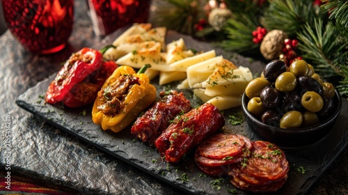Delicious assortment of appetizers served on a dark stone surface